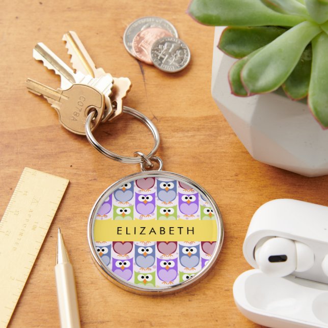 Cute Owls, Owl Pattern, Colourful Owls, Your Name Key Ring (Desk)