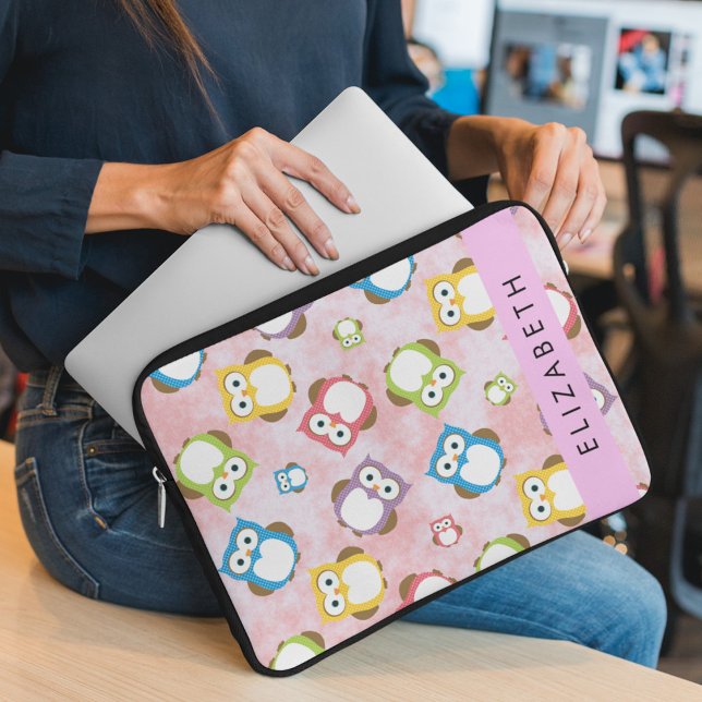Cute Owls, Owl Pattern, Colourful Owls, Your Name Laptop Sleeve (Creator Uploaded)