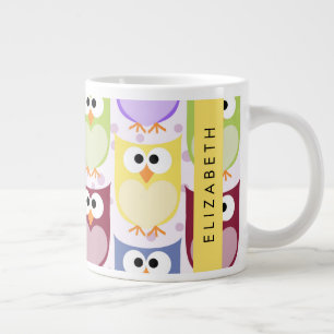 Cute Owls, Owl Pattern, Colourful Owls, Your Name Large Coffee Mug