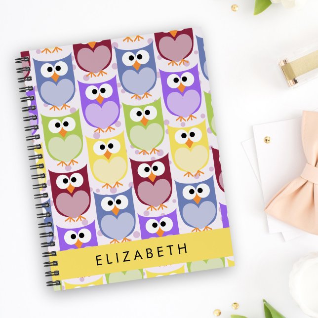 Cute Owls, Owl Pattern, Colourful Owls, Your Name Notebook (Creator Uploaded)