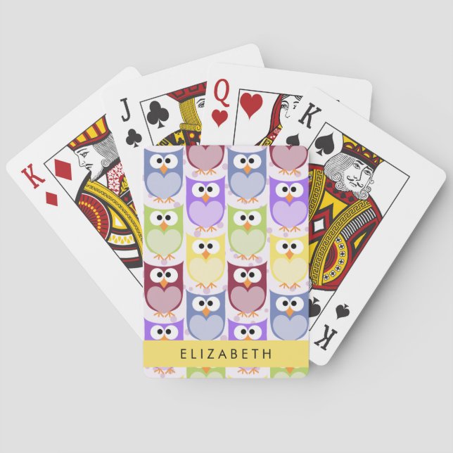 Cute Owls, Owl Pattern, Colourful Owls, Your Name Playing Cards (Back)