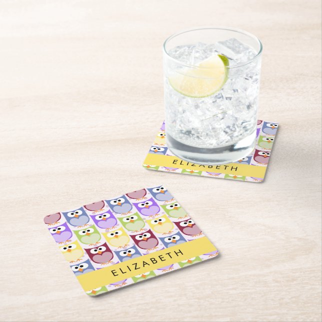 Cute Owls, Owl Pattern, Colourful Owls, Your Name Square Paper Coaster (Insitu)