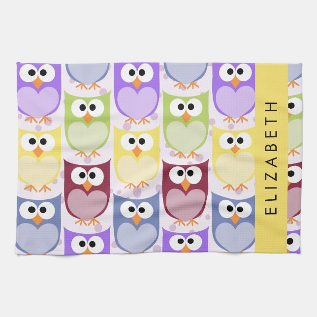 Cute Owls, Owl Pattern, Colourful Owls, Your Name Tea Towel (Horizontal)