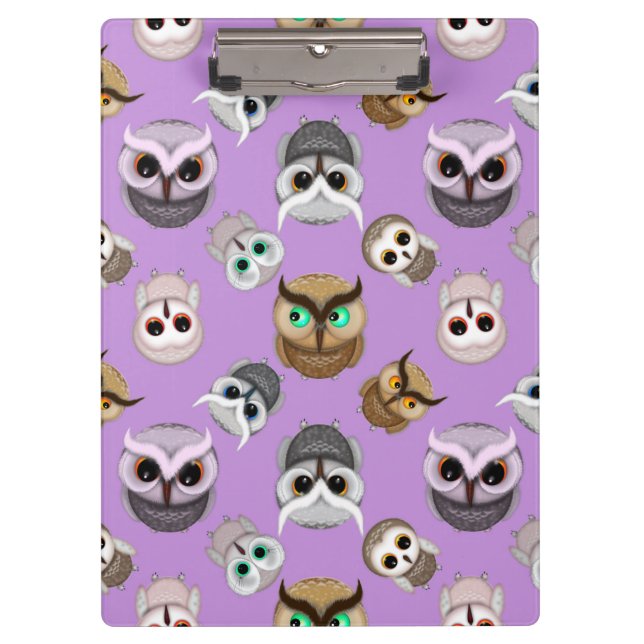 Cute Owls Pattern on Purple Background Clipboard (Front)