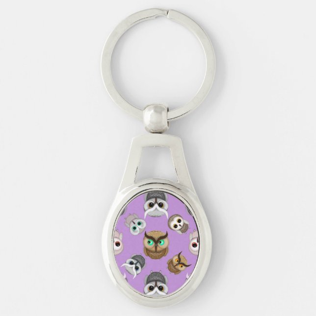 Cute Owls Pattern on Purple Background Key Ring (Front)