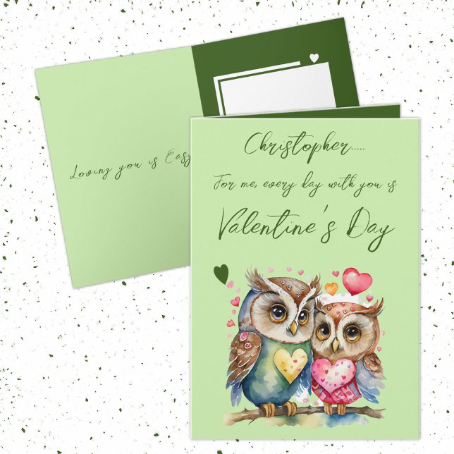 Cute owls personalised name green Valentine's Day Card (Creator Uploaded)