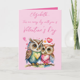 Cute owls personalised name pink Valentine's Day Card