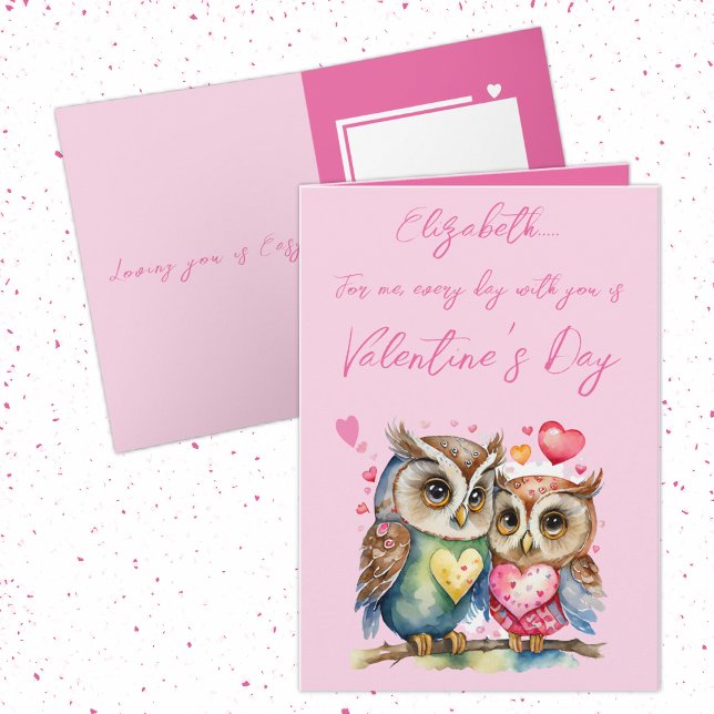 Cute owls personalised name pink Valentine's Day Card (Creator Uploaded)
