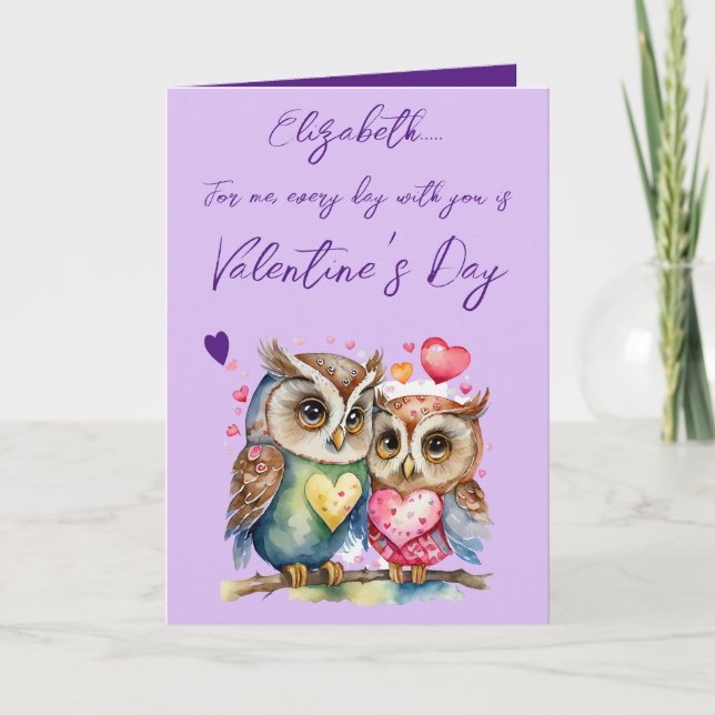 Cute owls personalised name purple Valentine's Day Card (Front)