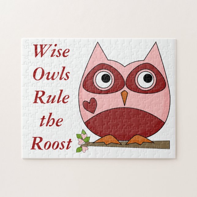Cute Owls Red and Pink Cartoon Owl Small Heart Jigsaw Puzzle (Horizontal)