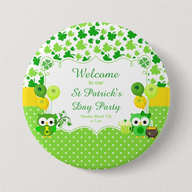 Cute Owls St Patrick's Day Party 7.5 Cm Round Badge (Front)