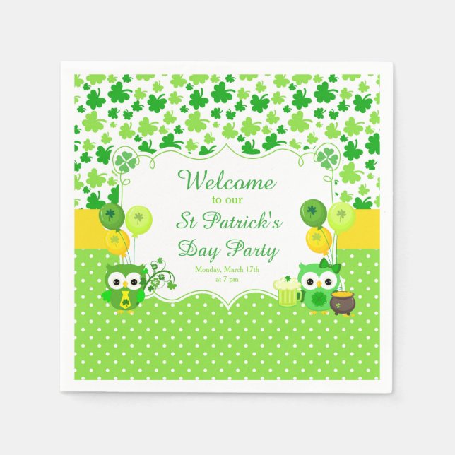 Cute Owls St Patrick's Day Party Napkin (Front)
