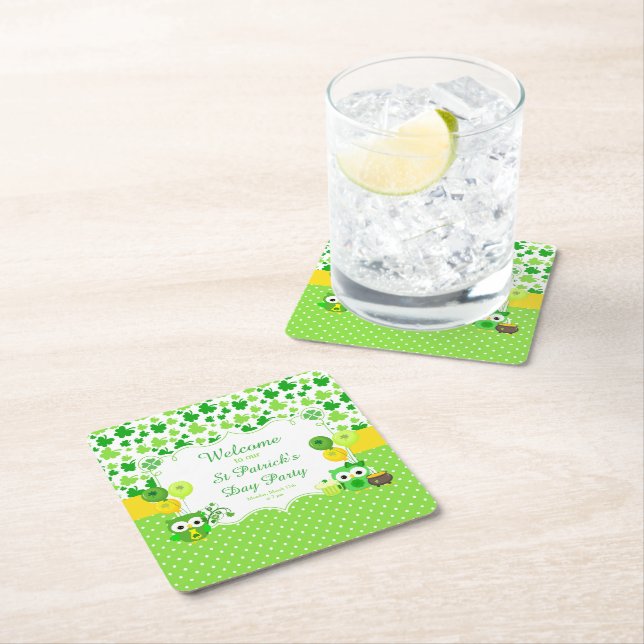 Cute Owls St Patrick's Day Party Square Paper Coaster (Insitu)
