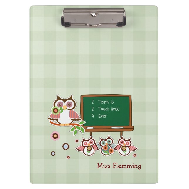 Cute Owls Teacher Appreciation Custom Name Clipboard (Front)