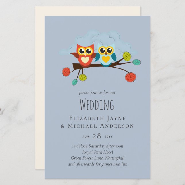Cute OWLS Themed Wedding Blue Orange (Front/Back)
