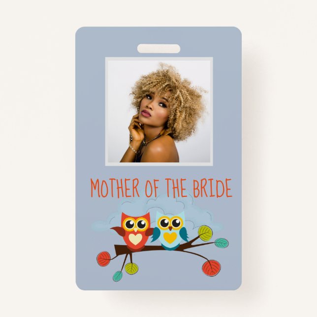 Cute OWLS Themed Wedding Blue Orange ID Badge (Front)
