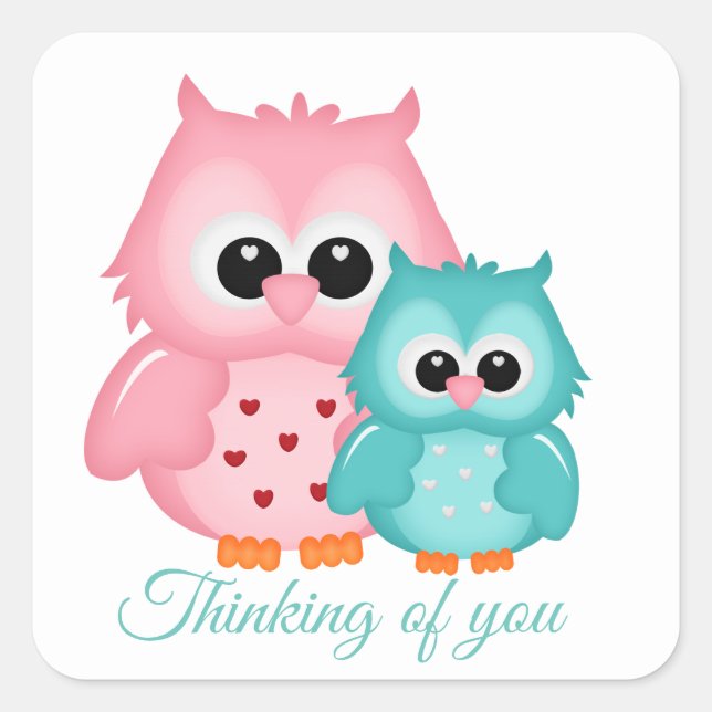 Cute owls thinking of you square sticker (Front)