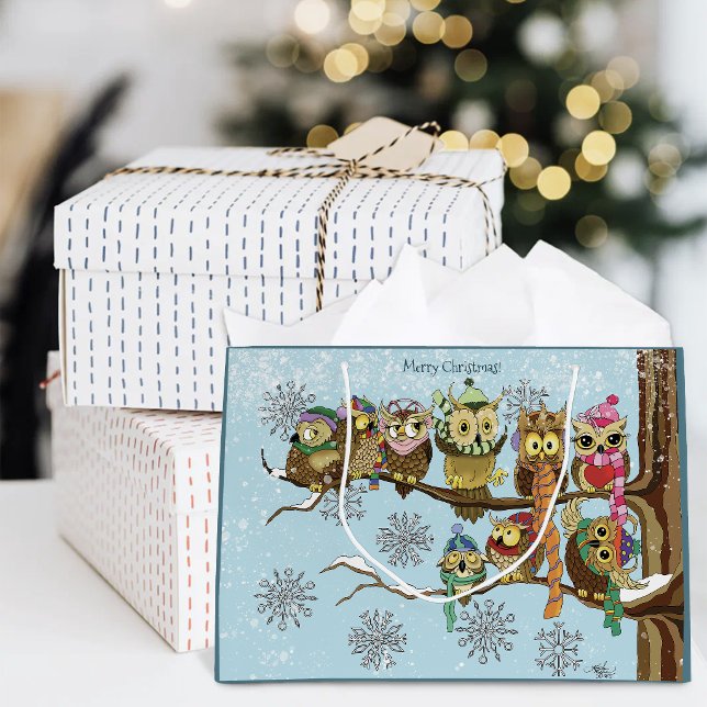 Cute Owls Winter Snowflakes Blue Playful Large Gift Bag (Creator Uploaded)