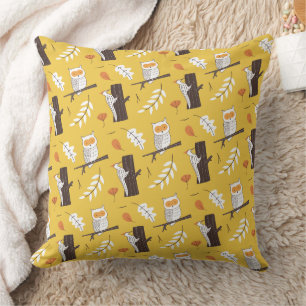 Cute Owls & Woodpeckers Mustard Yellow Forest Cushion