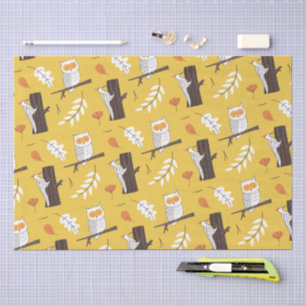 Cute Owls & Woodpeckers Mustard Yellow Forest Tissue Paper