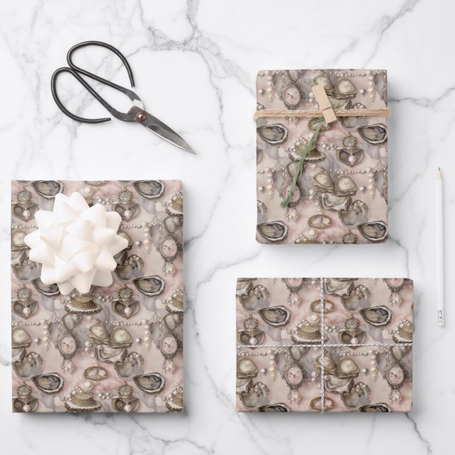 cute oyster shells pearls tiled  wrapping paper sheet (Front)