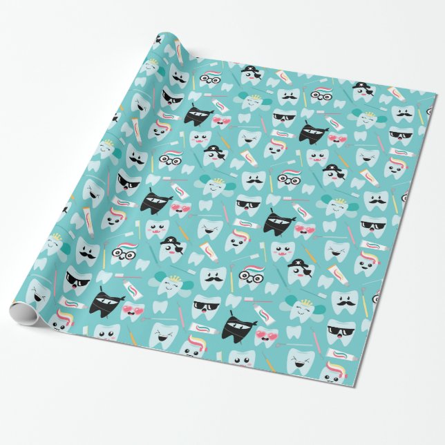 Cute Paediatrics Dental Practice Tooth Pattern Wrapping Paper (Unrolled)
