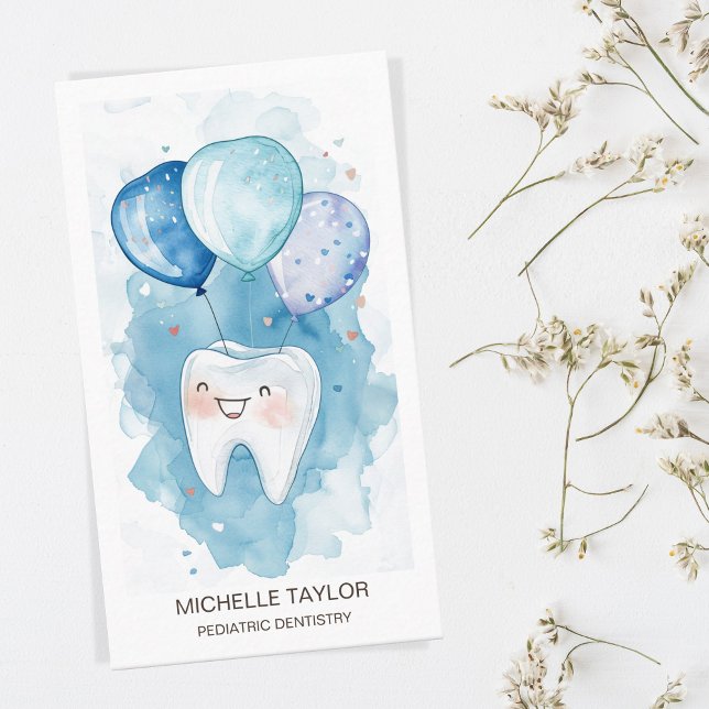 Cute Paediatrics Family Dentist Tooth Smile Business Card (a cute smiling tooth with balloons, blue pastel colors)