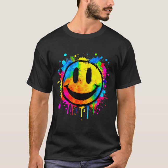 Cute Paint Splash Happy Smile Face 70s Tie Dye Smi T-Shirt (Front)