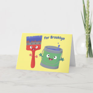 Cute paintbrush and paint cartoon characters card