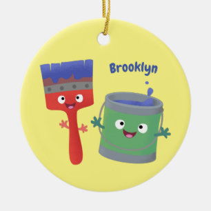 Cute paintbrush and paint cartoon characters ceramic ornament