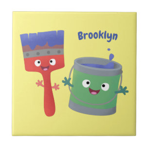 Cute paintbrush and paint cartoon characters ceramic tile