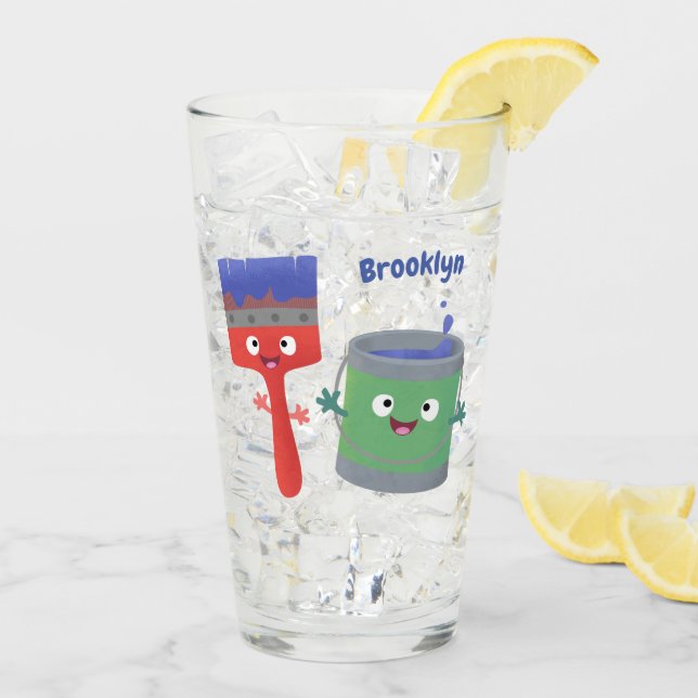Cute paintbrush and paint cartoon characters glass (Back Ice)