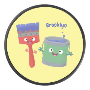Cute paintbrush and paint cartoon characters hockey puck