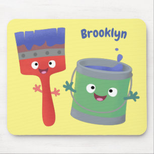 Cute paintbrush and paint cartoon characters mouse pad