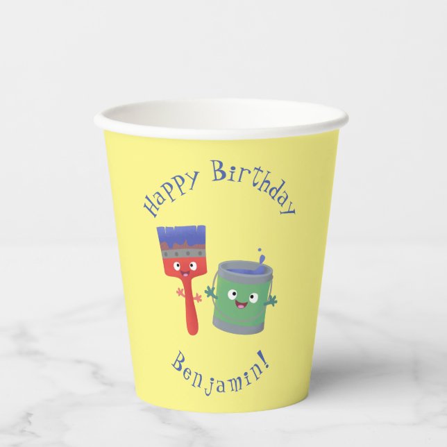 Cute paintbrush and paint cartoon characters paper cups (Front)