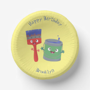 Cute paintbrush and paint cartoon characters paper plate