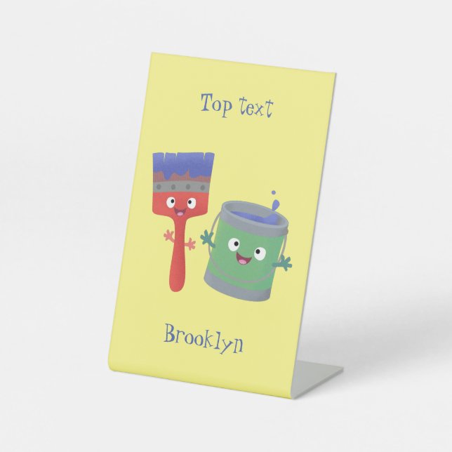 Cute paintbrush and paint cartoon characters pedestal sign (Front)