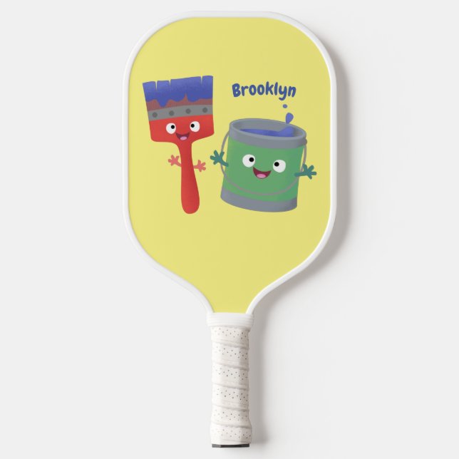 Cute paintbrush and paint cartoon characters  pickleball paddle (Front)