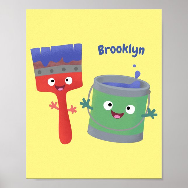 Cute paintbrush and paint cartoon characters poster (Front)