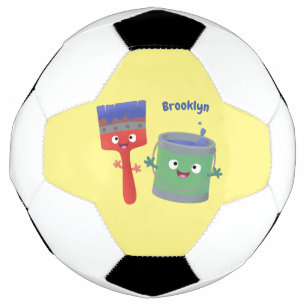 Cute paintbrush and paint cartoon characters soccer ball
