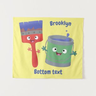 Cute paintbrush and paint cartoon characters tapestry