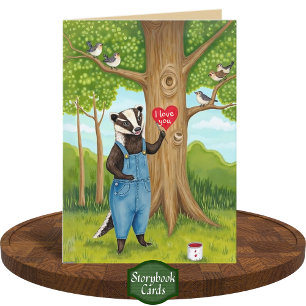 Cute Painted Heart Badger and Birds I love you  Card