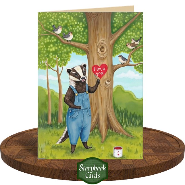 Cute Painted Heart Badger and Birds I love you  Card (Creator Uploaded)