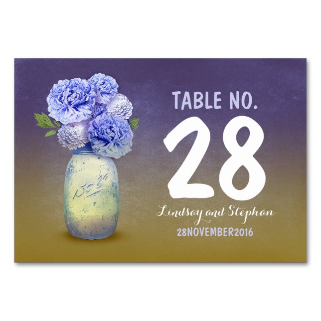Cute painted mason jar blue flowers table cards (Front)