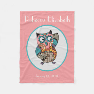 Cute painted owl, personalised fleece blanket