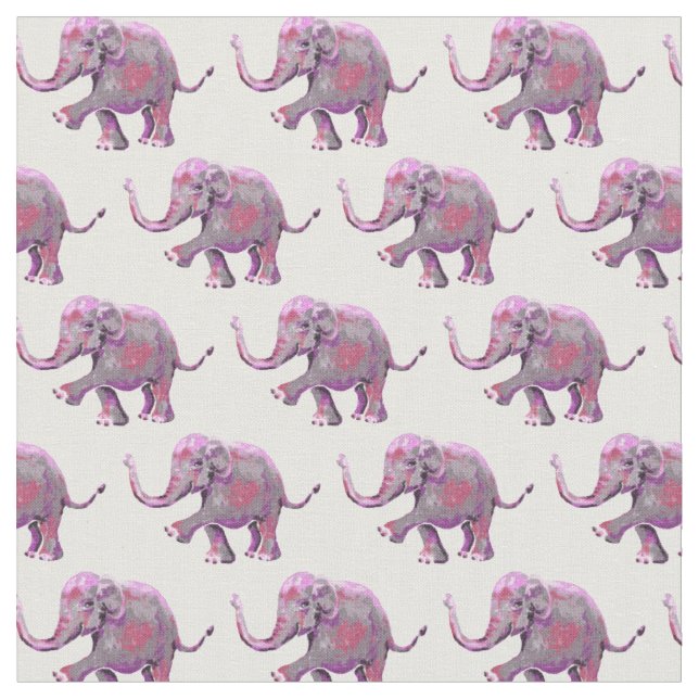 Cute Painted Pink Baby Elephant Pattern on White Fabric (Close Up)