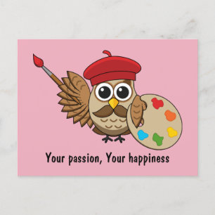 Cute Painter Owl Cartoon Add own Text Holiday Postcard