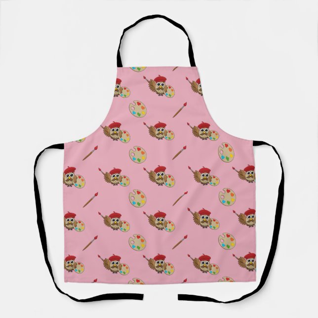 Cute Painter Owl Cartoon Apron (Front)