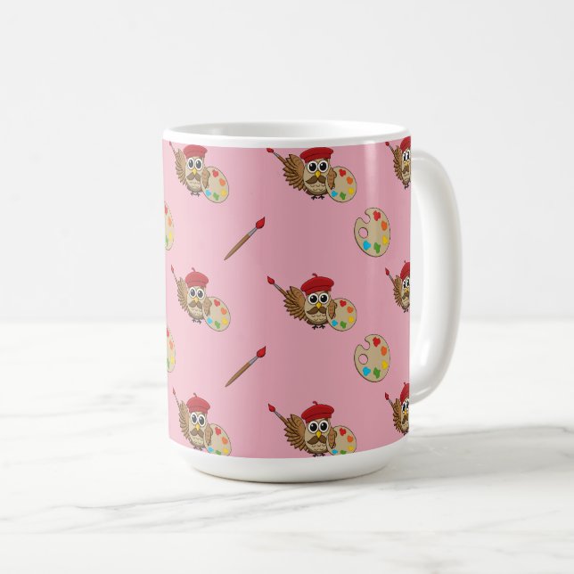 Cute Painter Owl Cartoon Coffee Mug (Front Right)
