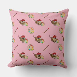Cute Painter Owl Cartoon Cushion